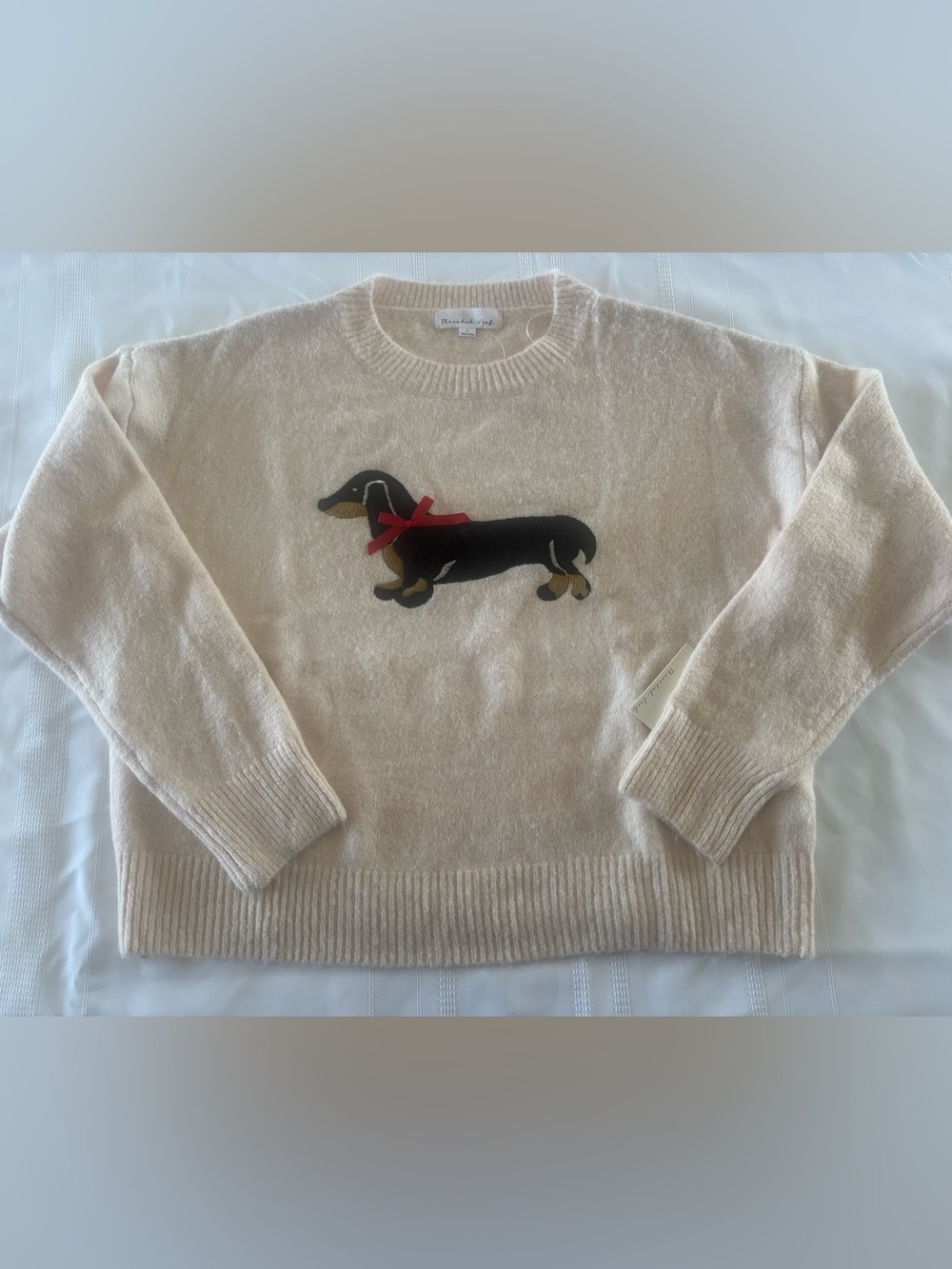 Women’s Size Large  Cream Dachshund-Embroidered Crewneck Sweater